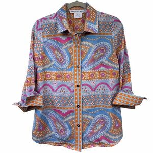Gretchen Scott ‘Boyfriend Shirt’ Pink Blue Paisley Button Up Blouse Sz Small